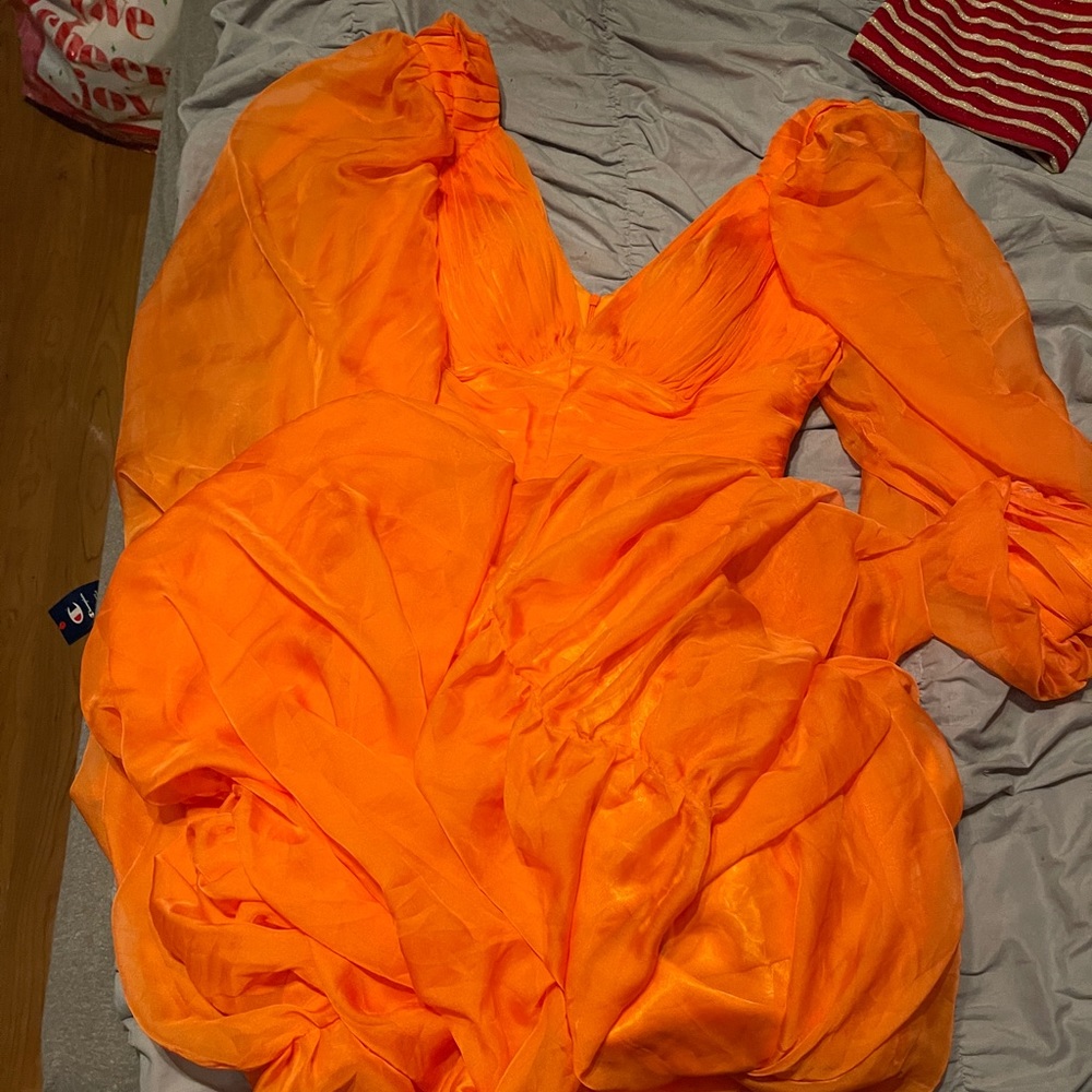 Floor Length Orange Puff Sleeve Prom Dress